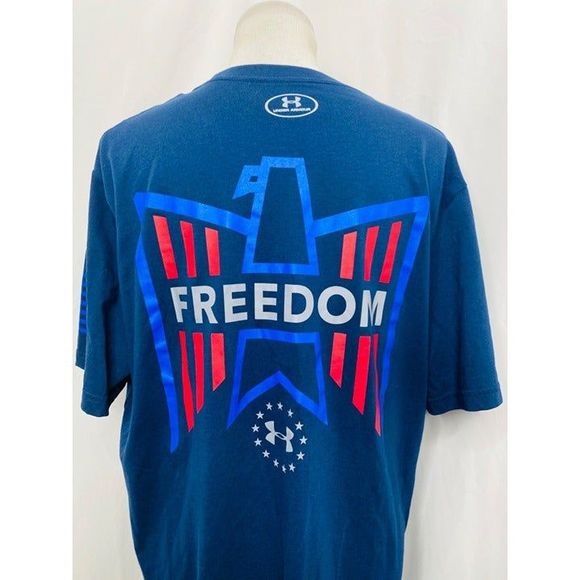 Under Armour Men’s Shirt Blue Short Sleeve Freedom Heat Gear Loose Fit Size XL - Picture 5 of 10